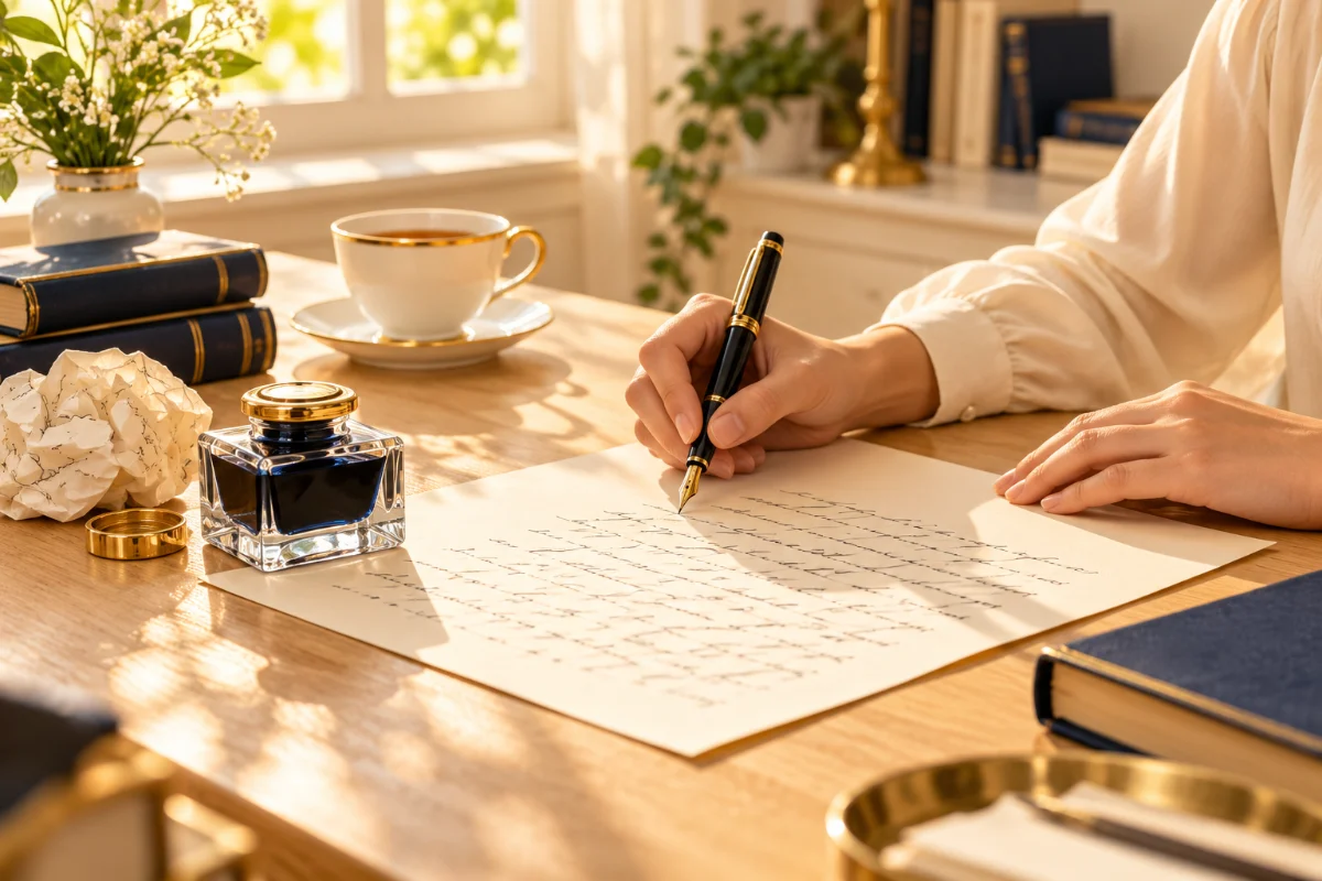A handwritten essay with a fountain pen and an inkwell