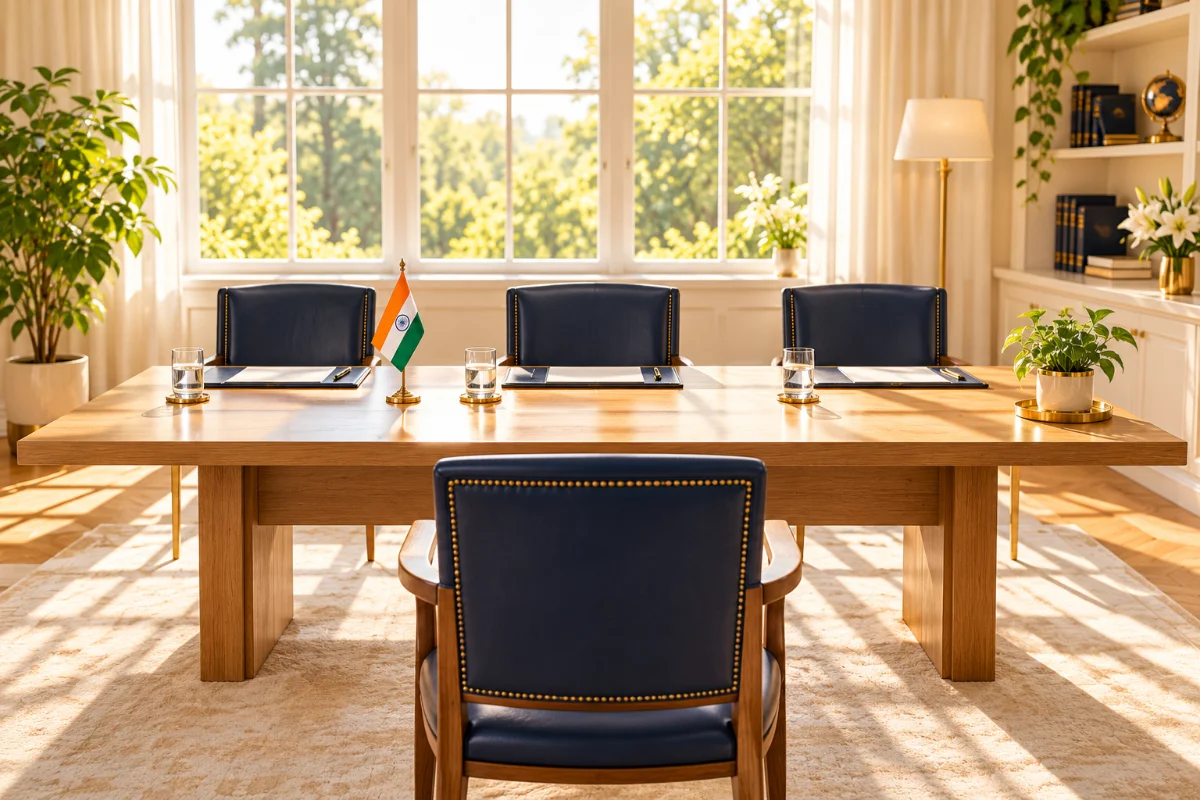 An empty formal interview room with a panel table