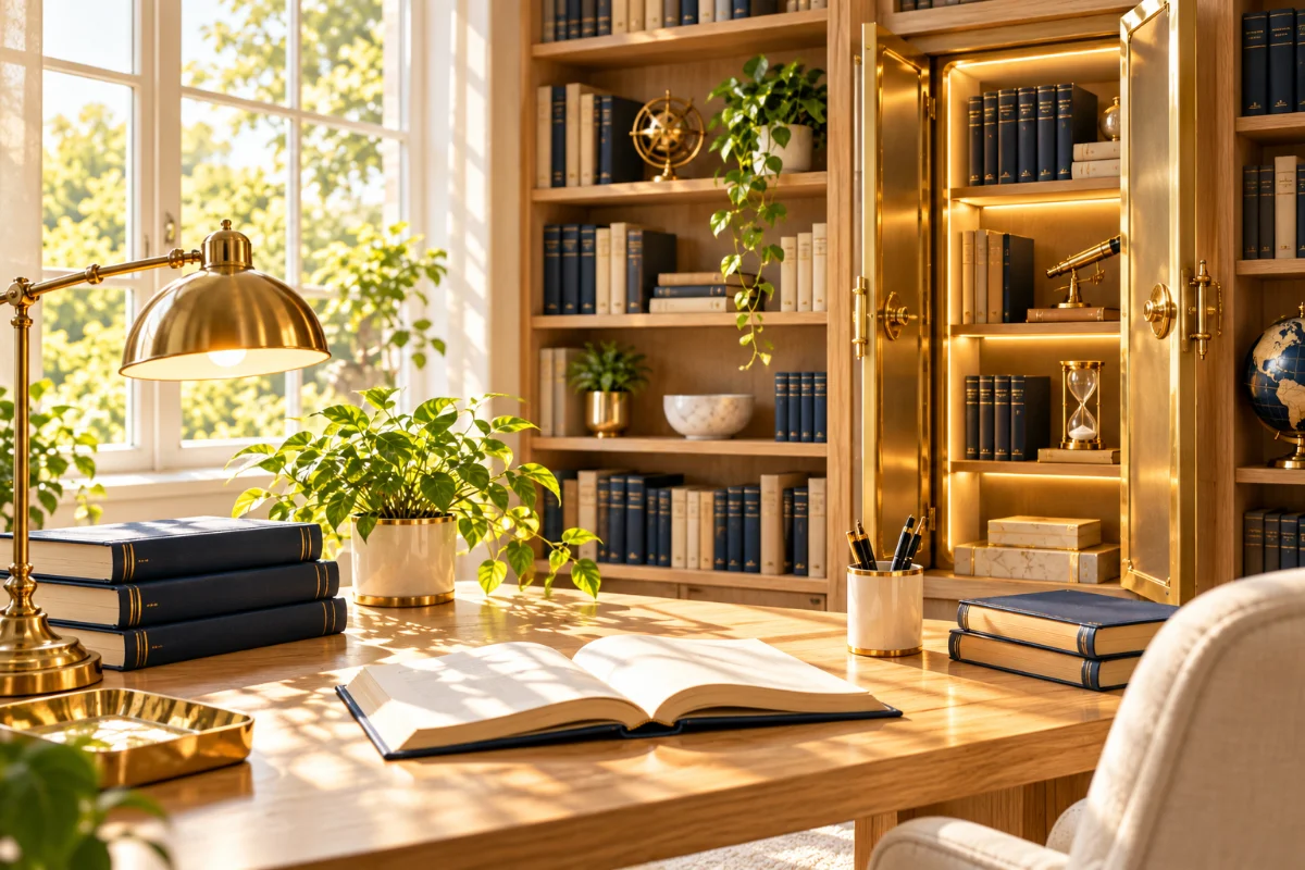 A library with an open vault door