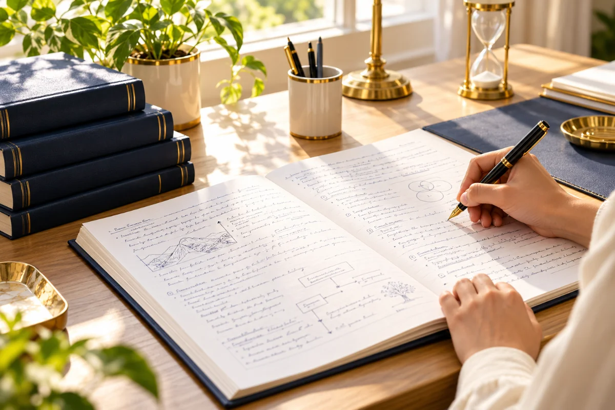 An answer booklet filled with handwritten answers and a fountain pen