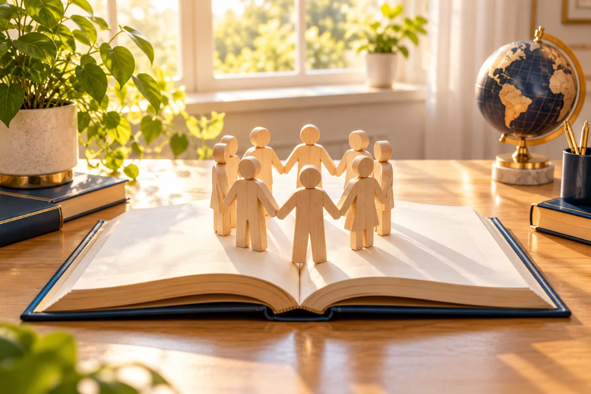 Carved figures of a community standing on an open book