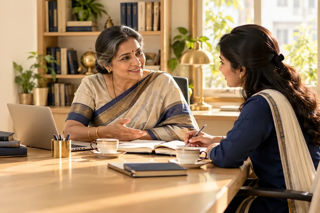 A senior mentor guiding a young aspirant at a study desk