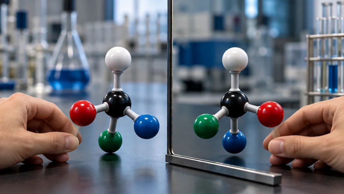 Mirror-image molecular models on a laboratory bench (AI-generated illustration)