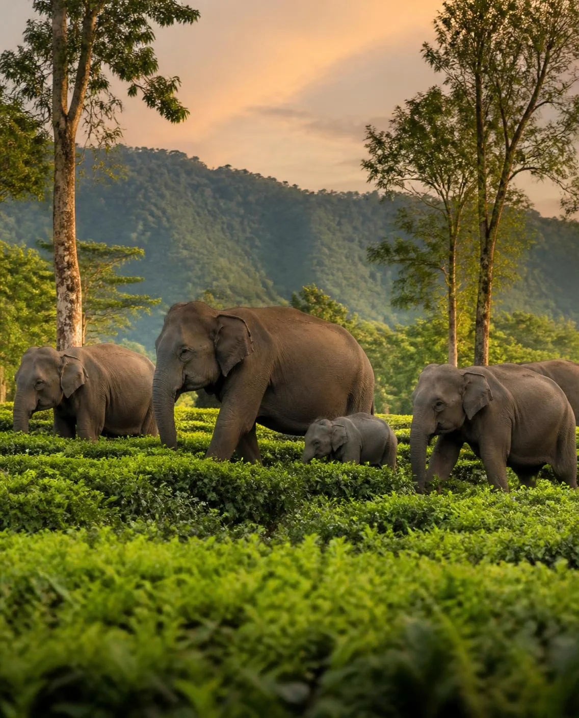 Elephant herd with a calf at the edge of a tea garden (AI-generated illustration)