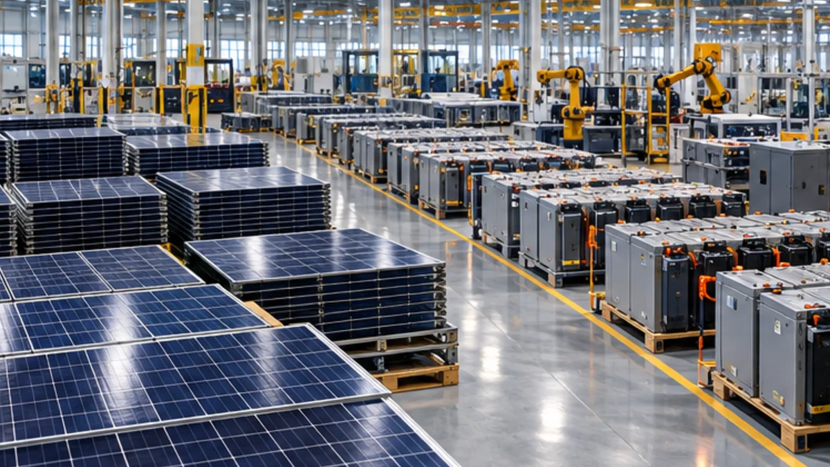 Factory floor stacked with solar panels and battery modules (AI-generated illustration)