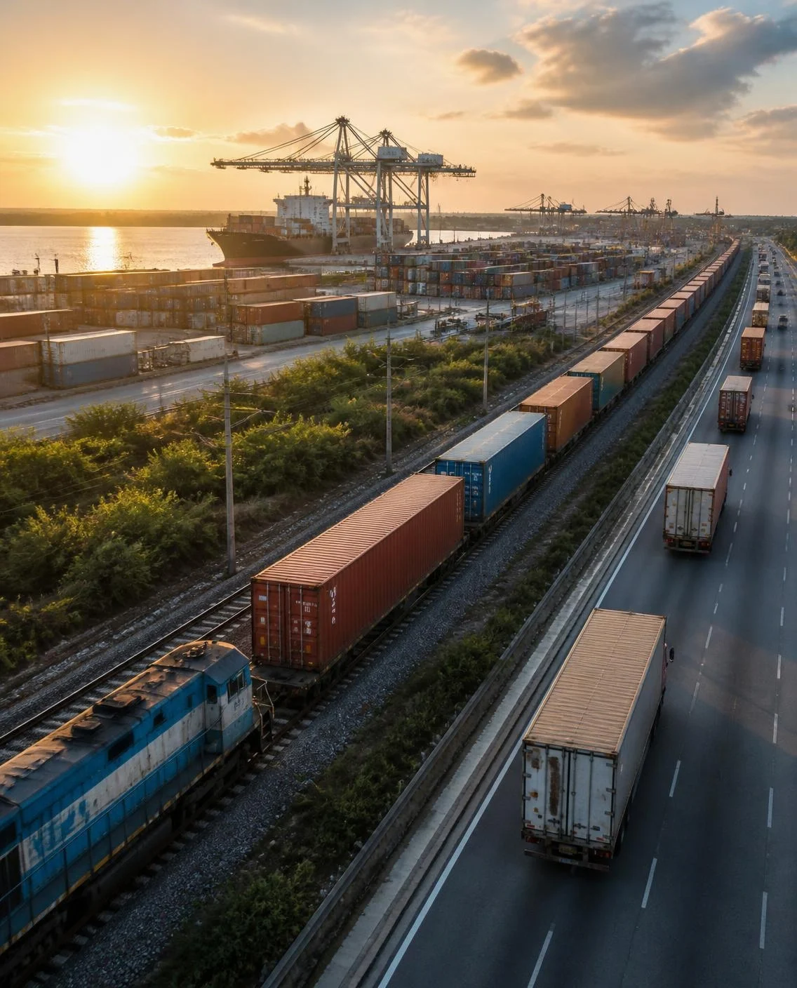 Container train, highway trucks and a port with cranes at a multimodal logistics hub (AI-generated illustration)