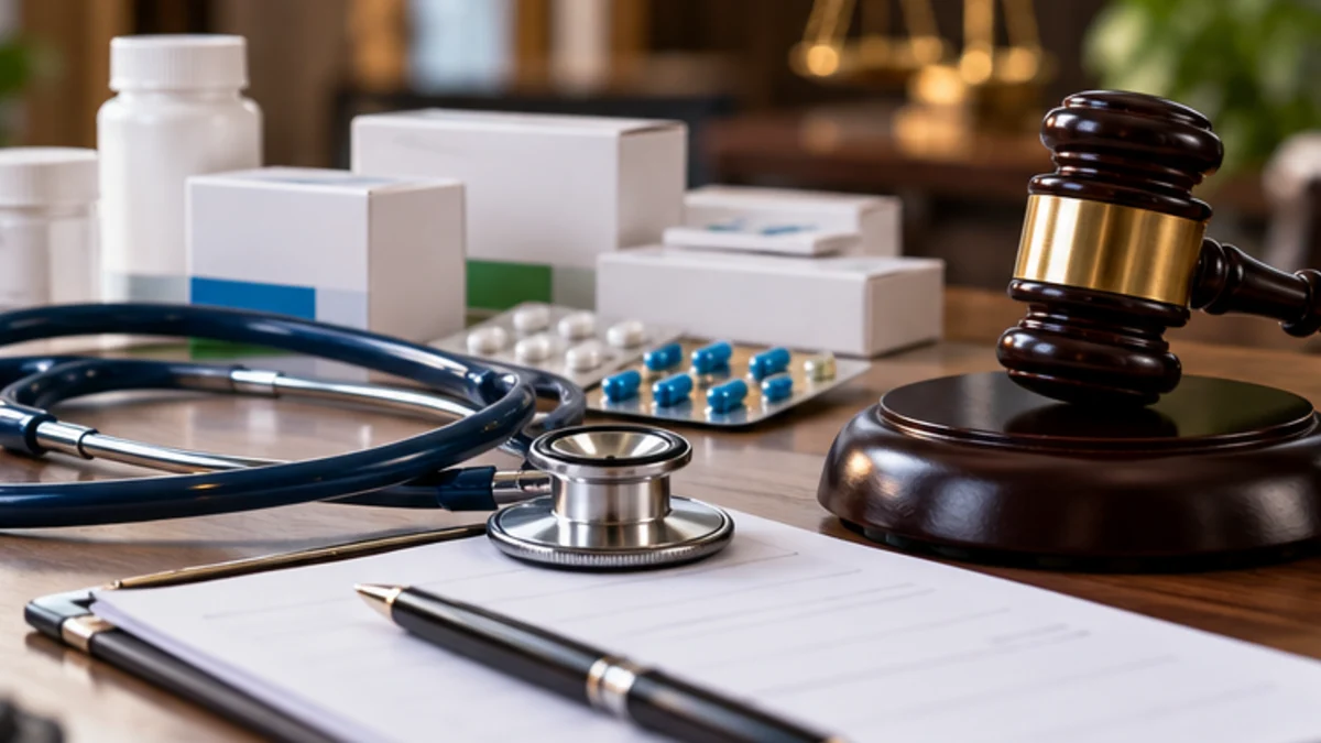 Prescription pad, stethoscope and medicine boxes beside a gavel (AI-generated illustration)
