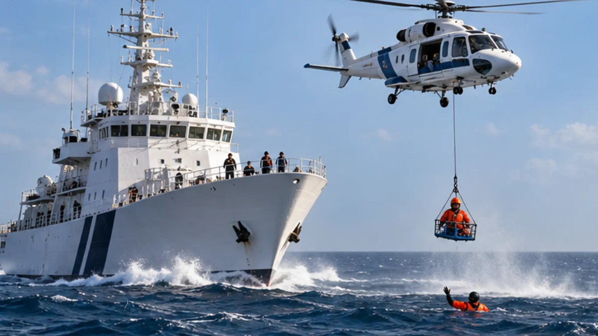 Coast Guard ship and helicopter during a sea rescue exercise (AI-generated illustration)
