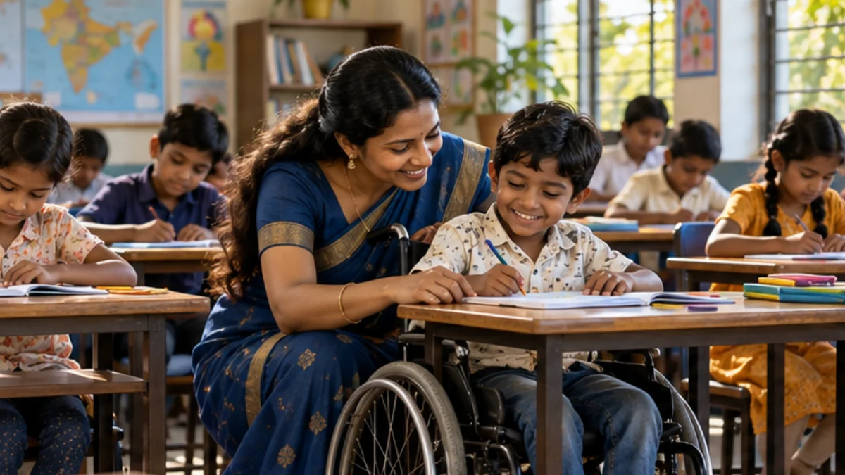 Teacher kneeling beside a child in a wheelchair in an inclusive classroom (AI-generated illustration)