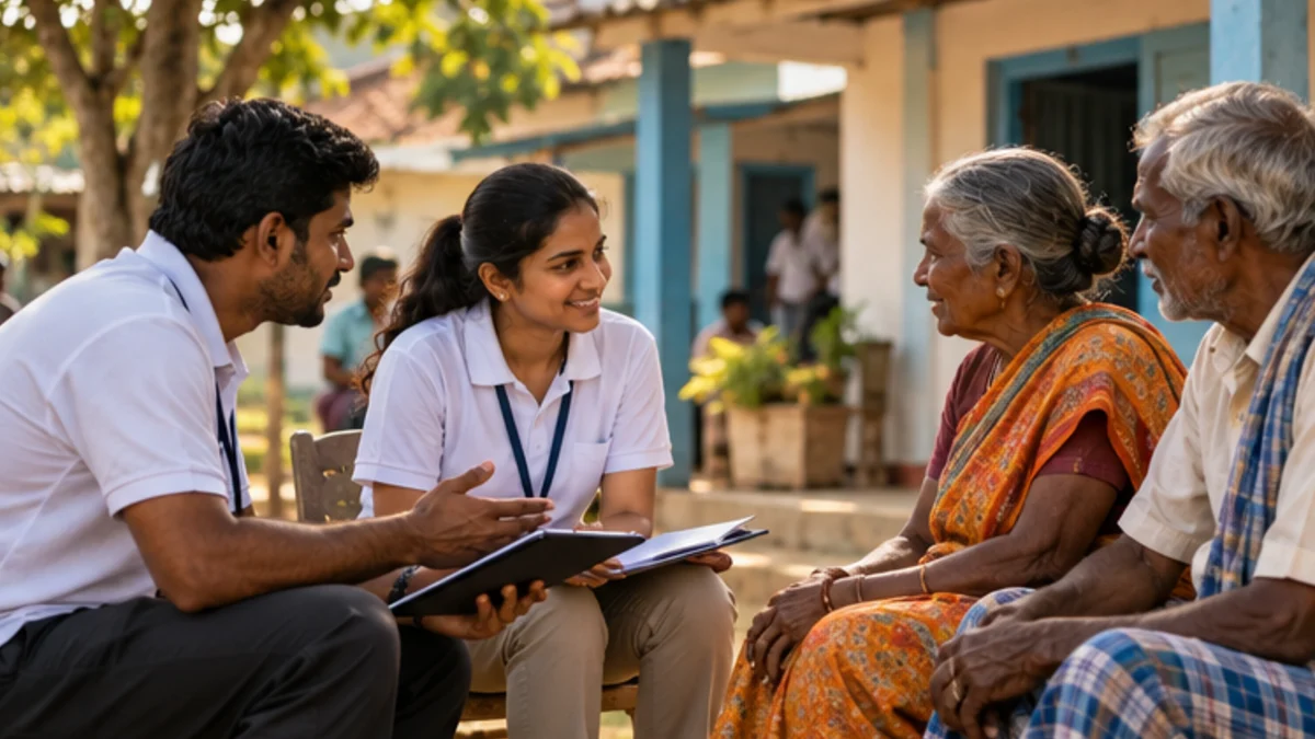 Young volunteers talking with an elderly couple outside a village health centre (AI-generated illustration)
