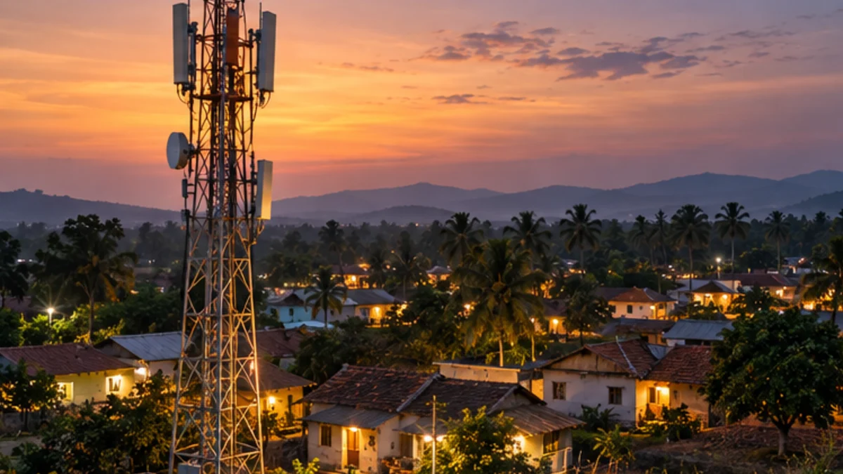Telecom tower with 5G antennas above a village at dusk (AI-generated illustration)