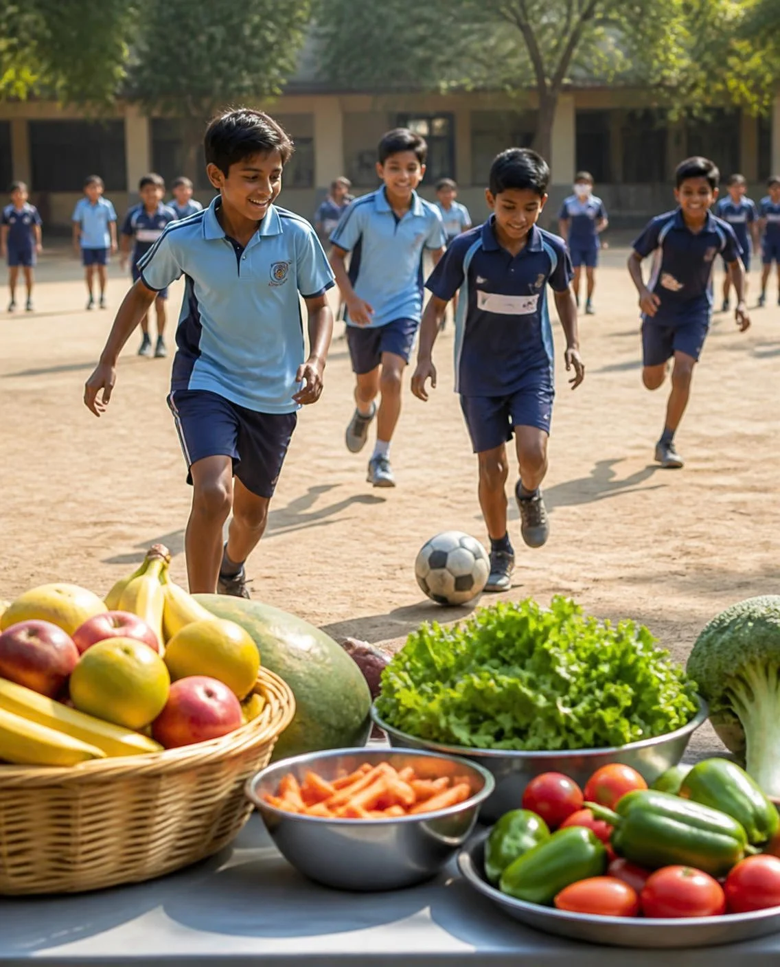 School children playing with fresh fruit and vegetables in the foreground (AI-generated illustration)