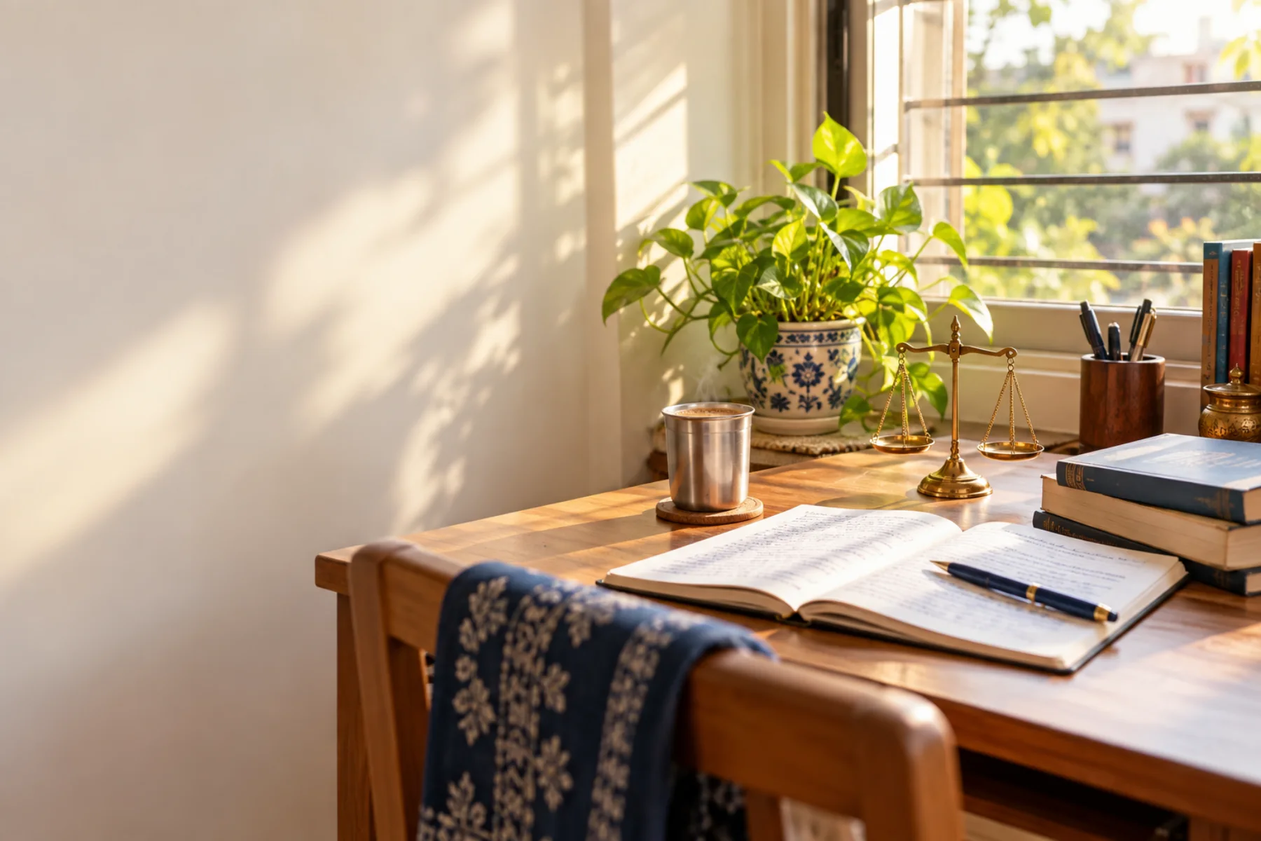 A study corner with notes and a small brass scale
