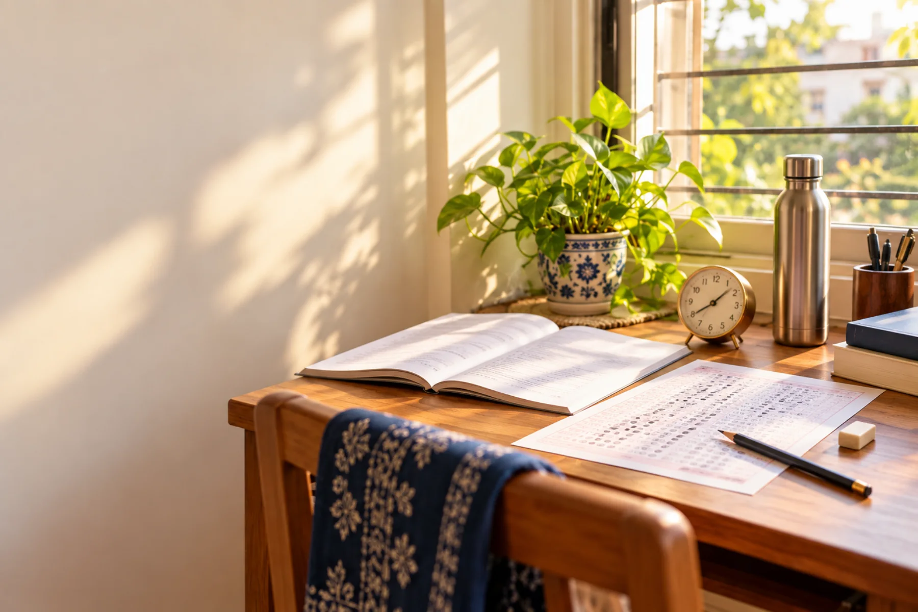A study table with a Prelims practice sheet and a clock