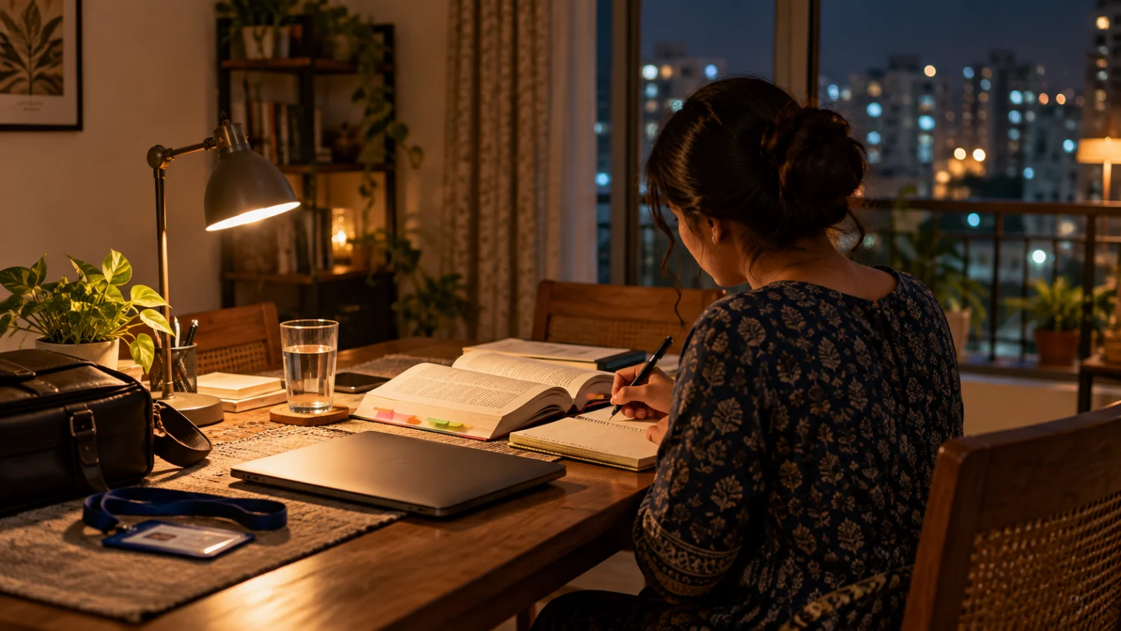 A working professional studying for UPSC at home in the evening under a warm lamp